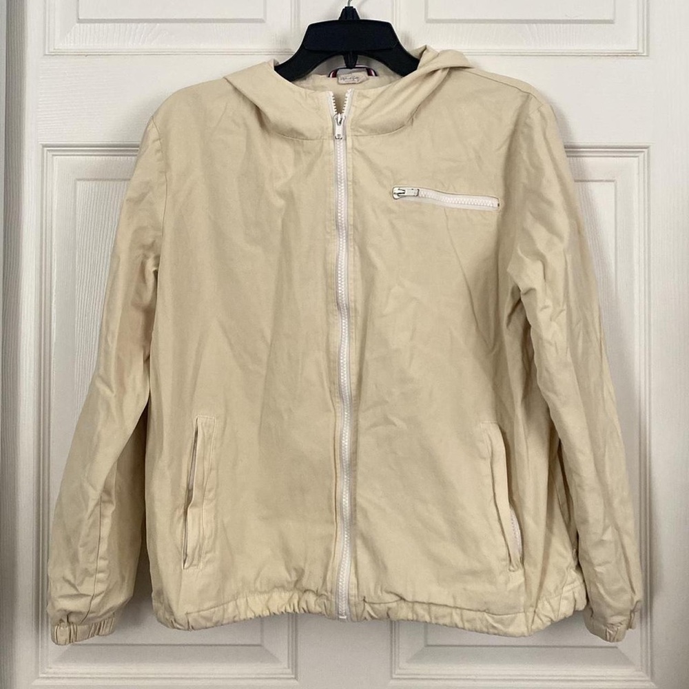 Women's Cream Hooded Zip Raincoat